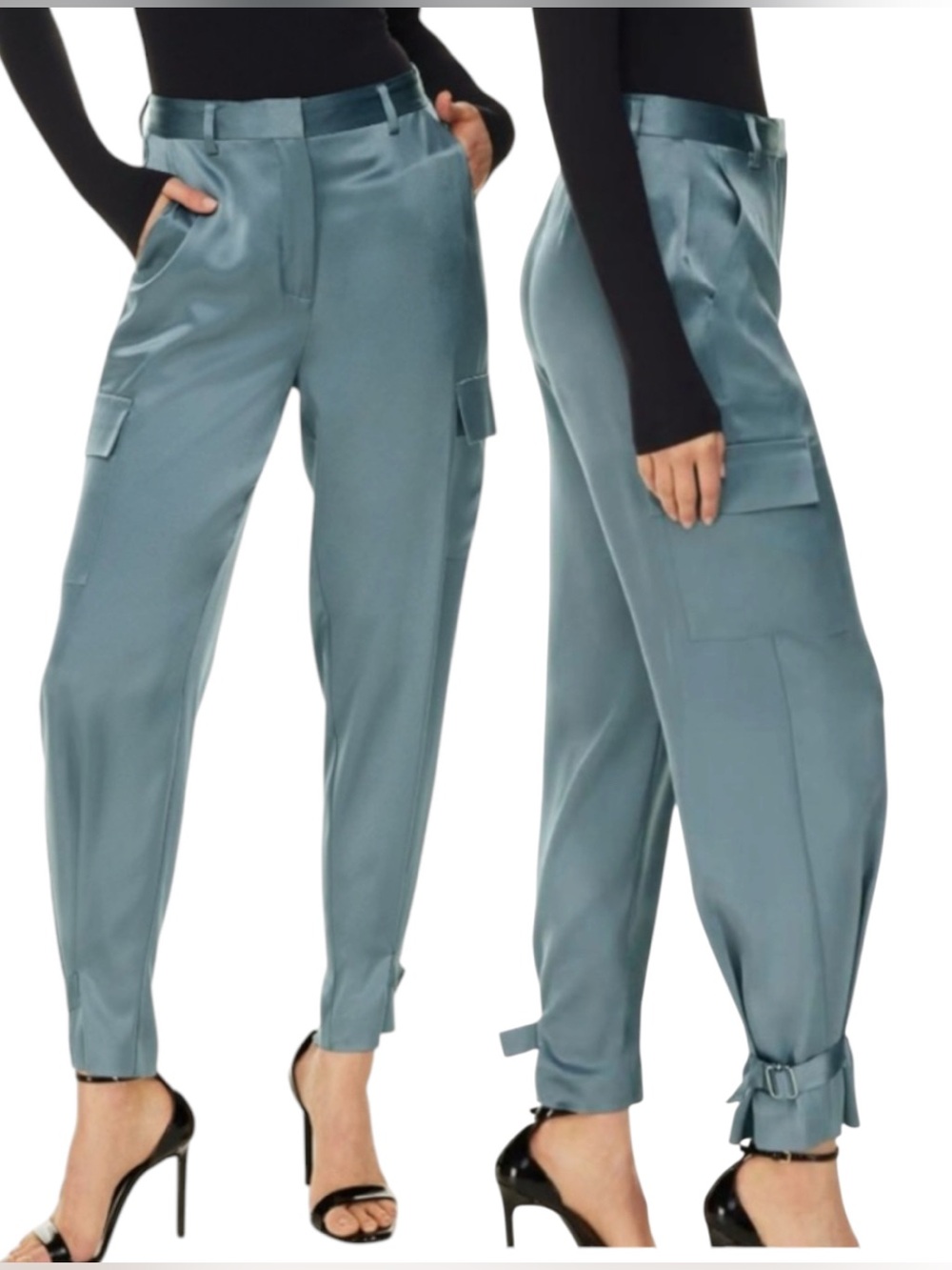 Aritzia Babaton Refined Satin Cargo Pants Slate Blue Cuffed Ankle NWOT Sz. M / 6